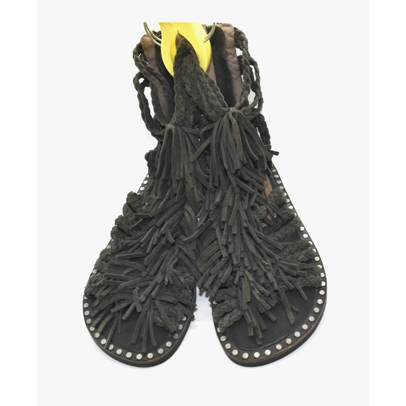 B0 Auth JEFFREY CAMPBELL Olive Green Suede Braided Straps Fringe Sandals Size 6 - Picture 2 of 5